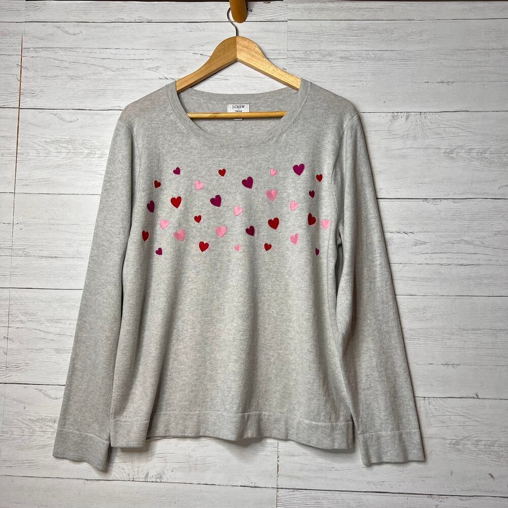 J Crew Factory Sweater Womens Size XXL Gray 100% Cotton Embroidered Hearts